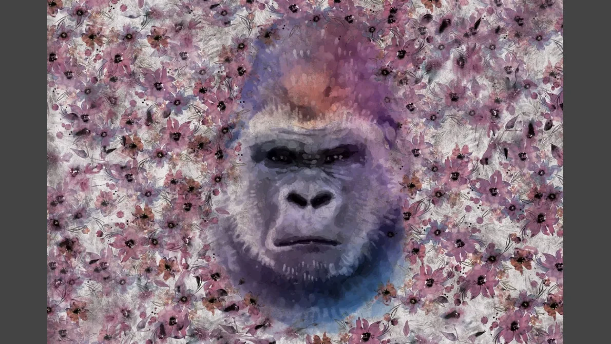 Carta da parati in vinilico nei toni del viola Monkey Kong di Instabilelab