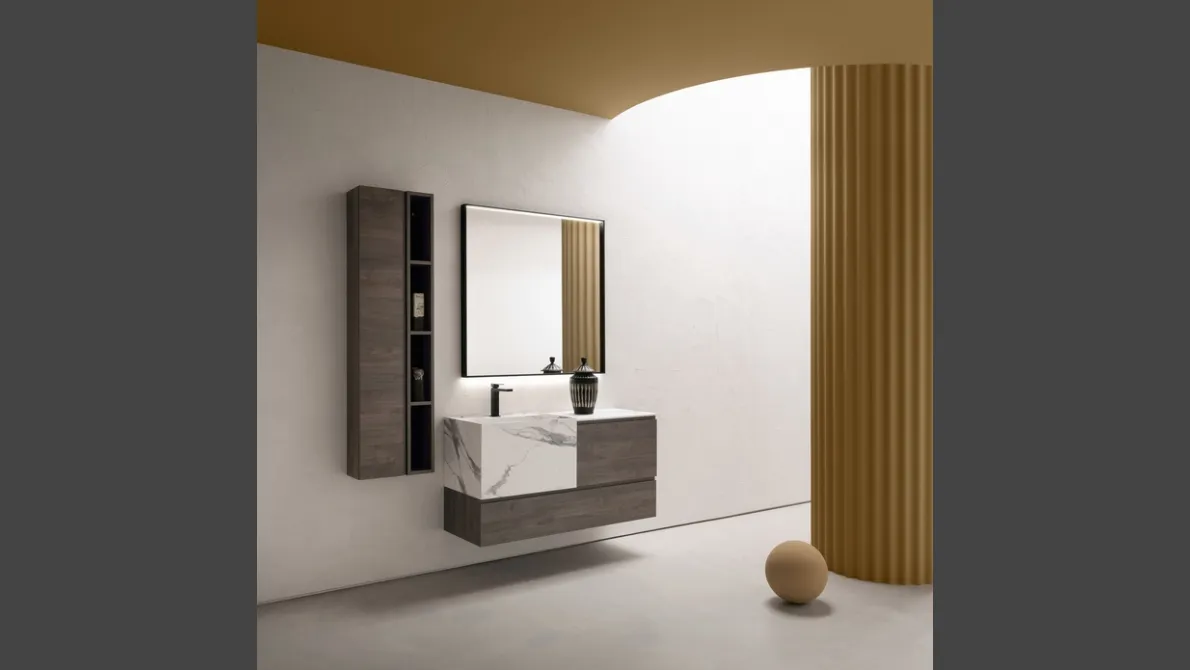 Mobile da Bagno sospeso in nobilitato effetto legno con vasca in HPL effetto marmo B-GO BG011 di Compab