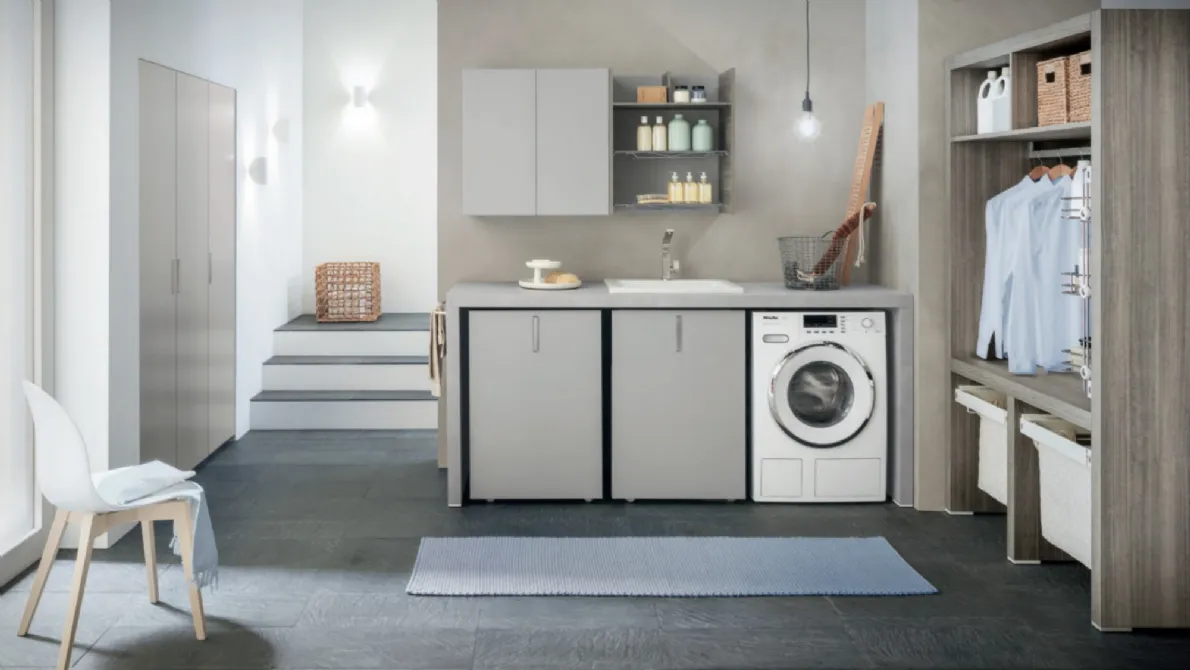 Mobile da lavanderia Laundry System C02 in laccato Grigio opaco e laminato Eucalipto di Baxar