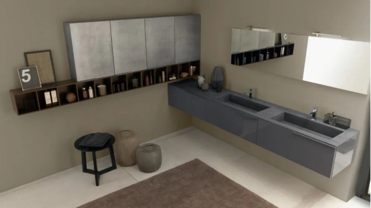 Mobile bagno sospeso M1 System C105 in laccato lucido Grigio Grafite con top in gres porcellanato Pietra di Savoia Antracite di Baxar