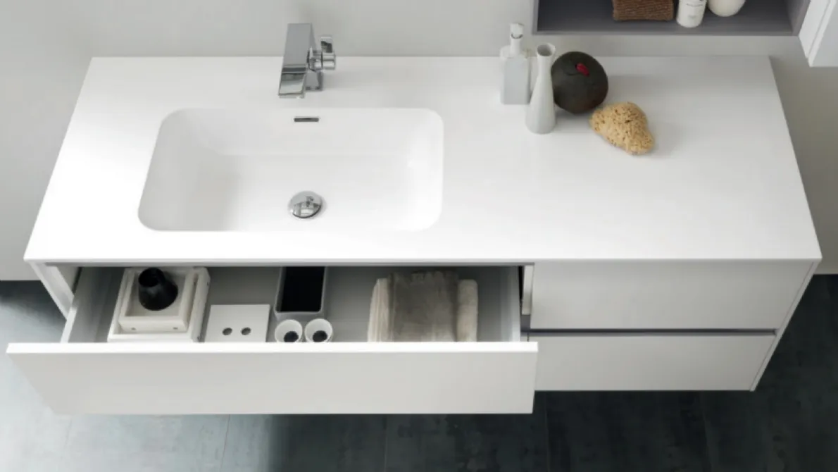 Mobile da Bagno sospeso C207 in laccato Bianco opaco con vasca integrata in mineralmarmo di Baxar