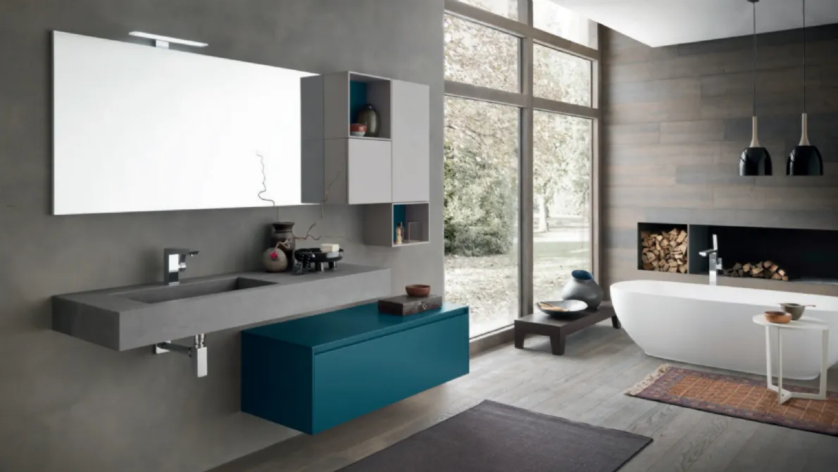 Mobile da Bagno sospeso M2 System C214 in laccato Blu Laguna opaco di Baxar