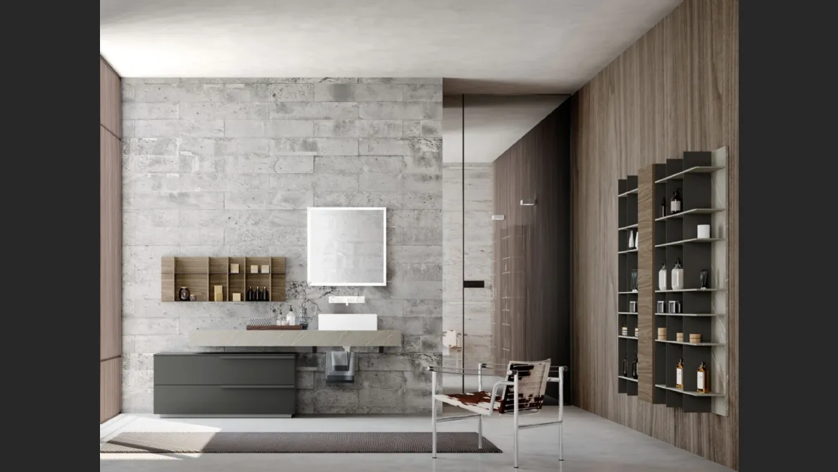 Mobile Bagno da appoggio M System 021 in laccato opaco Carbone e top in HPL di Baxar