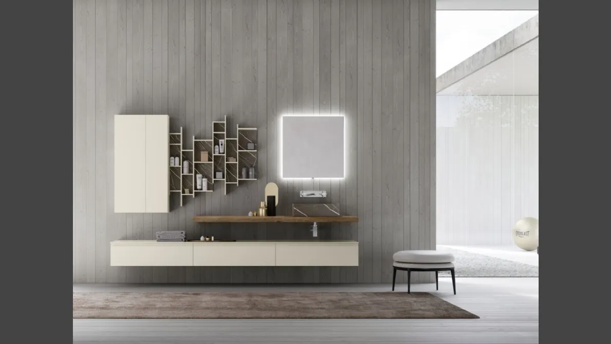 Mobile da Bagno sospeso M1 System 124 in laccato opaco Platino e top in Rovere Corteccia di Baxar