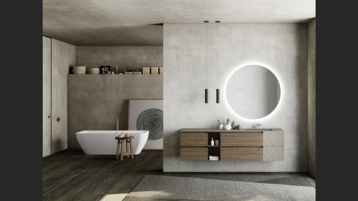 Mobile da Bagno sospeso M2 System 227 in melaminico Noce Canaletto e HPL di Baxar