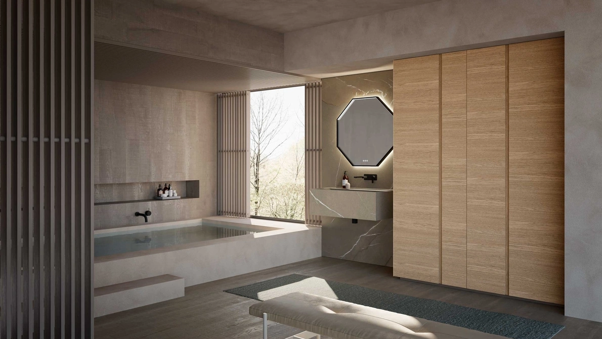 Mobile da Bagno M3 System 308 in gres pietra Piasentina e legno di Baxar
