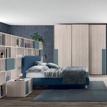 Letto in ecopelle Blu Oceano con testiera Golf Reverso di Colombini Casa