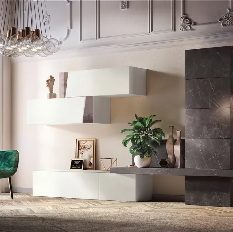 Parete Attrezzata Club Decor 6013 in laccato Bianco e decoro effetto marmo di 2B Italia