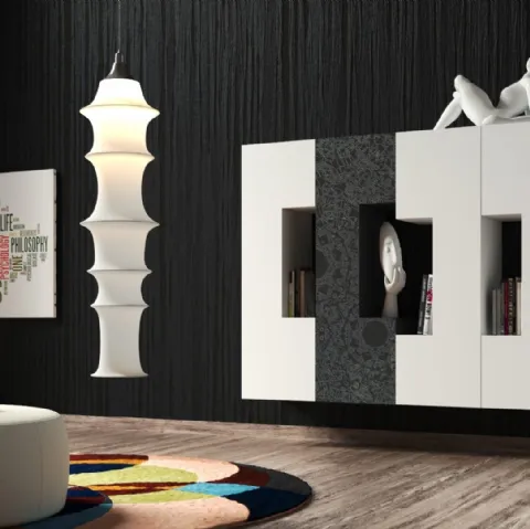 Parete Attrezzata sospesa Club36 3027 in laccato opaco Bianco con inserto decorato di 2B Italia