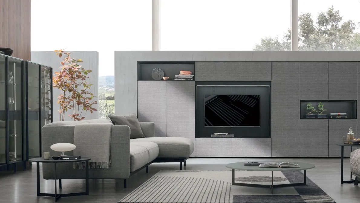 Parete Attrezzata Atlante UNIT AT202 in materico paglia grigio, materico rovere carbone e rovere carbone canettè di Tomasella