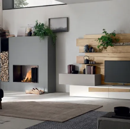 Parete Attrezzata SC1001 in Rovere Naturale e laccato opaco con mensole metal grey di Maronese Acf