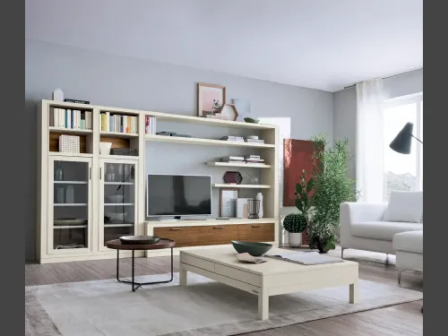 Parete Attrezzata in laccato Bianco opaco e legno Melograno composizione 08 di Le Fablier