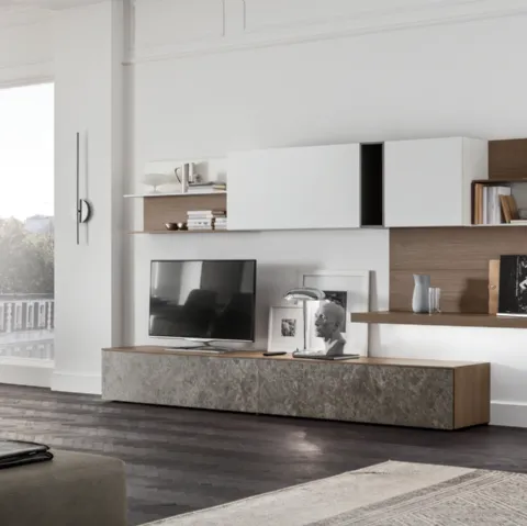 Parete Attrezzata Seta SA2230 in melaminico marmo Ash Stone, Rovere, Avena, Bianco e laccato opaco Ferro di Maronese Acf