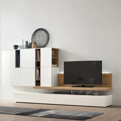 Parete Attrezzata Seta Unix SU2104 in melaminico Rovere nodato, Bianco e laccato opaco Cotto, Ceruleo di Maronese Acf
