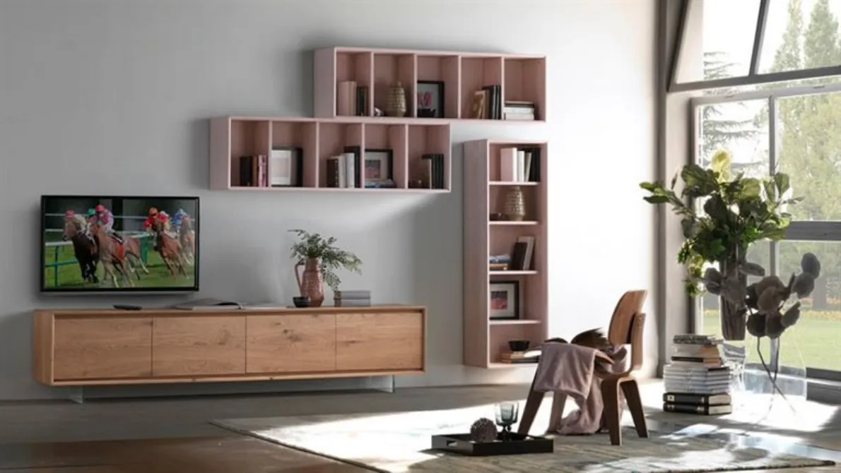 Parete Attrezzata in legno di Rovere naturale e laccato Composizione 05 di Conarte