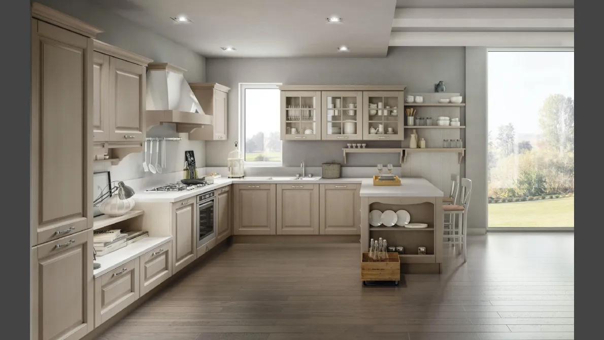 Cucina Classica ad angolo con penisola Bolgheri v02 in Rovere finitura Soya con top in laminato Pietra Vecchia di Stosa