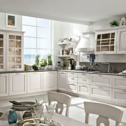 Cucina Classica Bolgheri v4 in Rovere Finitura Bianco Cotone, Maniglia MX0A, Top Marmo Grabla Levigato di Stosa