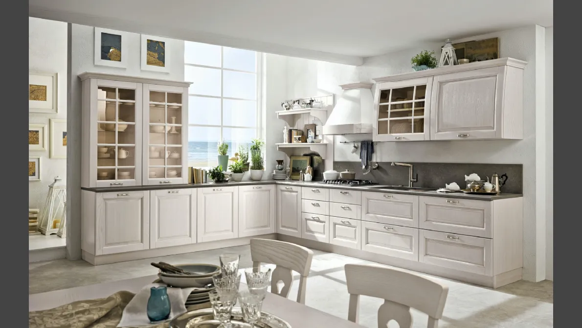 Cucina Classica Bolgheri v4 in Rovere Finitura Bianco Cotone, Maniglia MX0A, Top Marmo Grabla Levigato di Stosa