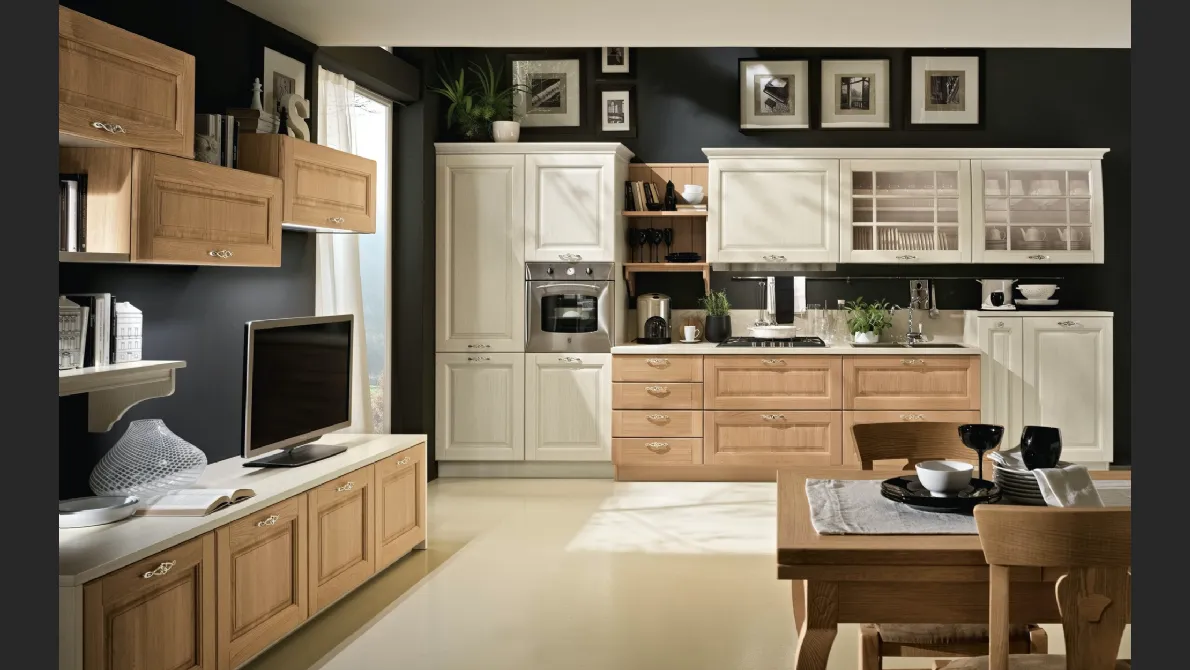 Cucina Classica Bolgheri v6 Finitura Rovere Naturale e Burro, Maniglia MX0A, Pomolo PX0B, Top Laminato Corten Sabbia di Stosa