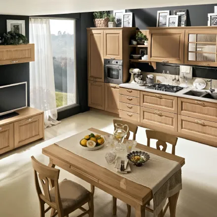 Cucina Classica Bolgheri v7 Finitura Rovere Naturale, Maniglia MX0A, Pomolo PX0B, Top Laminato Corten Sabbia di Stosa