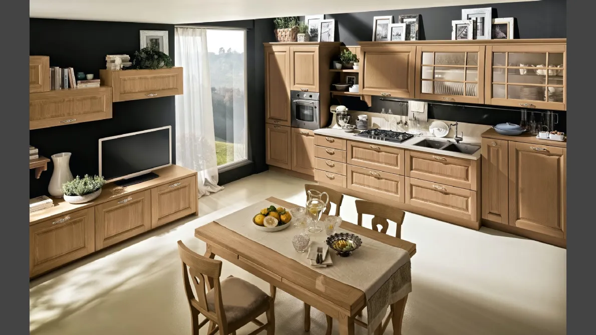 Cucina Classica Bolgheri v7 Finitura Rovere Naturale, Maniglia MX0A, Pomolo PX0B, Top Laminato Corten Sabbia di Stosa