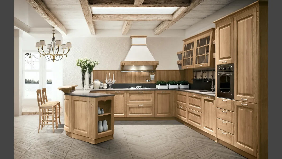 Cucina Classica ad angolo con penisola Bolgheri v08 in Rovere Natura con top in laminato Corten Sabbia di Stosa