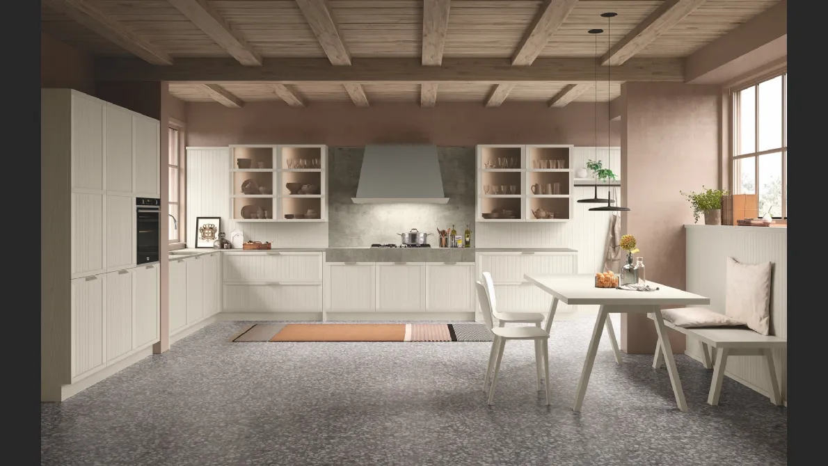 Cucina Classica angolare Tosca v05 in Frassino Beige Angora con top e schienale in HPL Argilla di Stosa