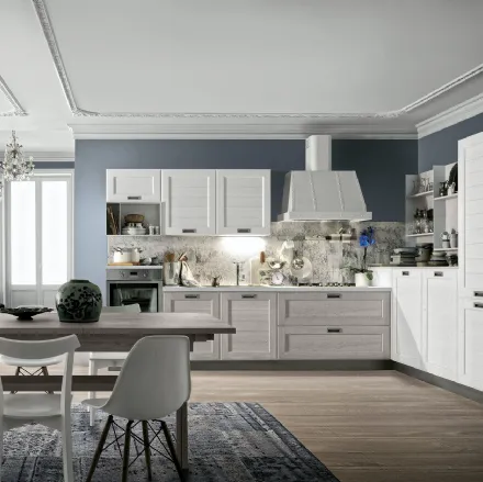 Cucina Classica York v7 Anta Dogata Rovere Calce, Anta Dogata Rovere Bianco, Maniglia ad incasso MTAB di Stosa