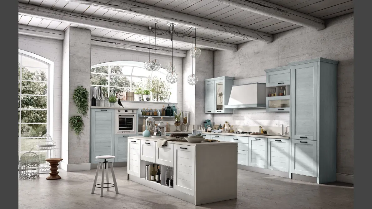 Cucina Classica York v8 in Rovere Bianco e Celeste con Maniglia Francesca di Stosa