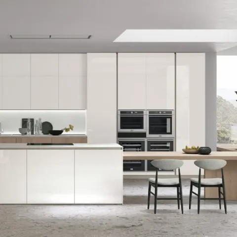 Cucina Moderna Aliant v02 in Vetro lucido Bianco Ice e Rovere Sahara con top in HPL Bianco di Stosa