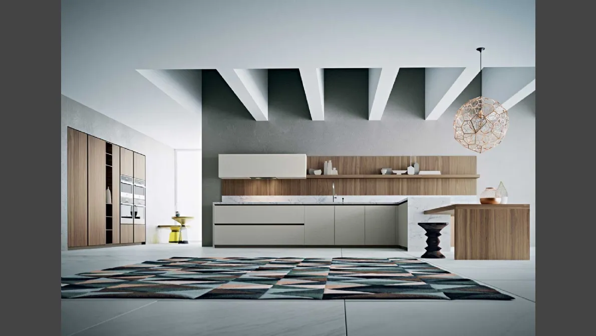 Cucina Moderna Area 22 Gola con penisola in laccato e noce canaletto con top in marmo di Dibiesse