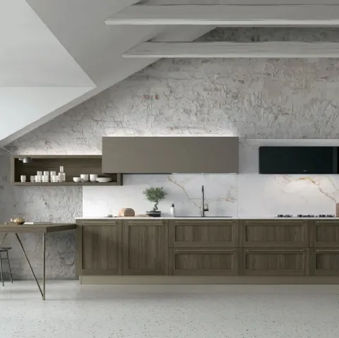 Cucina Moderna ad angolo con penisola City v02 in Termo Strutturato Rovere Liquirizia e Pet Caffè di Stosa