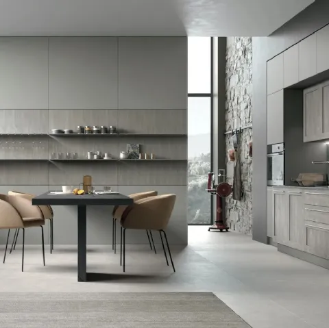 Cucina Moderna lineare City v07 in Termo Strutturato Rovere Brizzo e Pet Grigio Fumo di Stosa