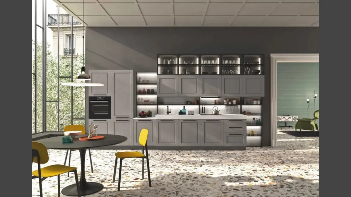 Cucina Moderna lineare in legno laccato platino e top in HPL Cloe 02 di Ar-Tre