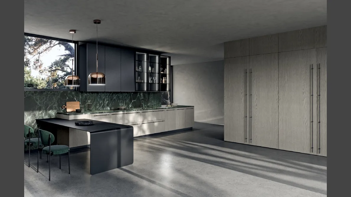 Cucina Moderna con penisola Filo 03 in Rovere polvere e laccato Nero con top in marmo Verde Alpi di Dibiesse