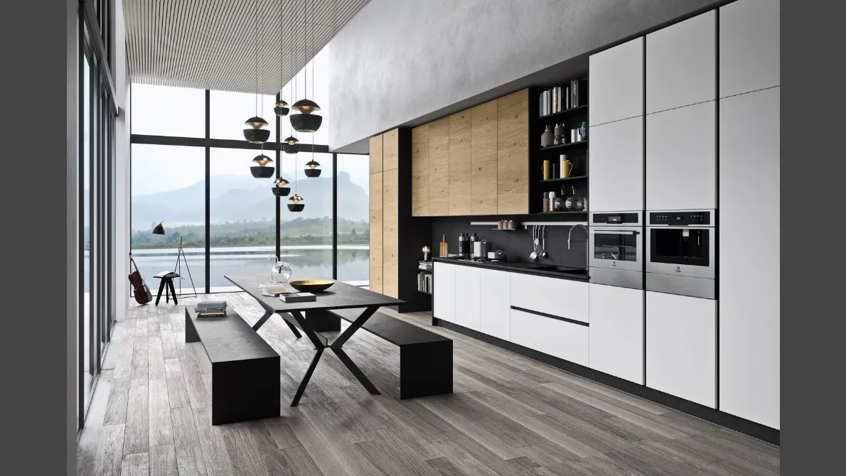 Cucina Moderna lineare in laccato bianco opaco e legno I Naturali di Ar-Tre
