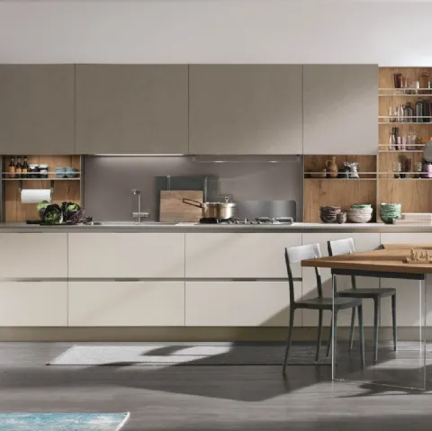 Cucina Moderna angolare con penisola Infinity v13 in Pet Cachemere, Cemento Visone e Rovere nodato di Stosa