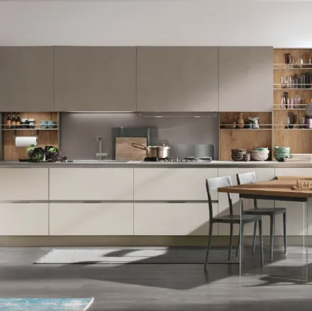 Cucina Moderna angolare con penisola Infinity v13 in Pet Cachemere, Cemento Visone e Rovere nodato di Stosa