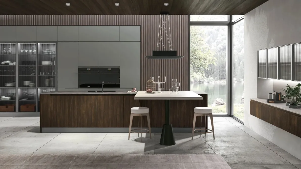 Cucina Moderna con isola Karma 08 in Rovere Corteccia e laccato Timo di Stosa