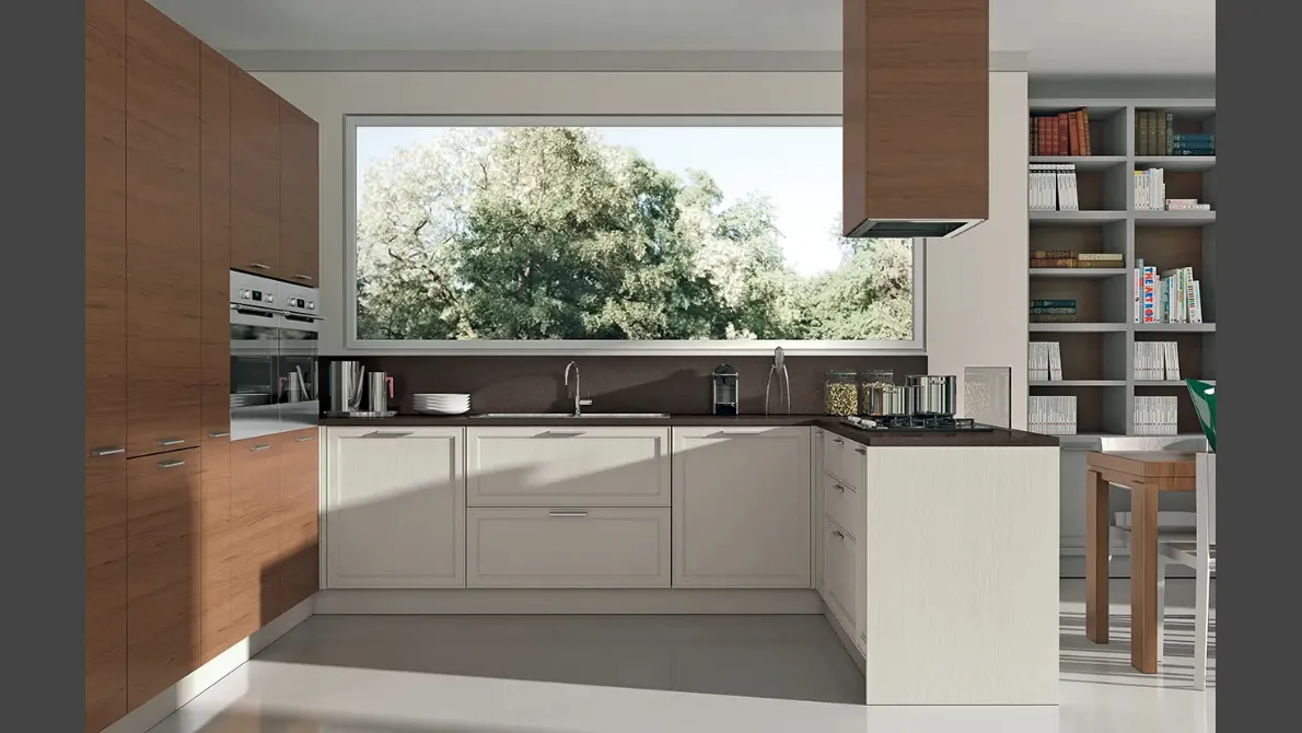 Cucina Moderna con penisola bicolore in laccato bianco opaco e legno naturale Melograno composizione 5 di Le Fablier