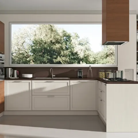Cucina Moderna angolare bicolore in laccato bianco opaco e legno naturale Melograno composizione 5 di Le Fablier