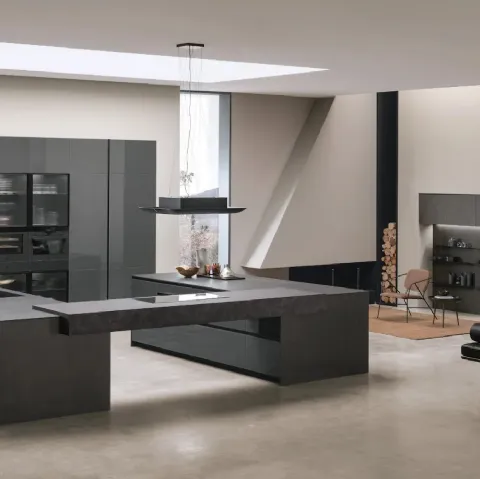 Cucina Moderna con doppia isola Aliant v01 in vetro lucido Lava e Neolith Basalt Black Satin con top in HPL Ossido di Stosa