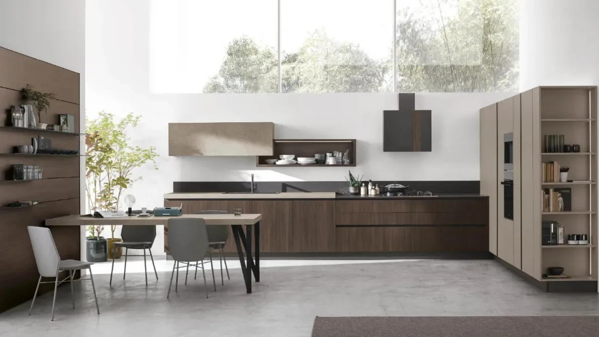 Cucina Moderna ad angolo Infinity v01 in Termo Strutturato Rovere Cumino e Graniglia di Stosa