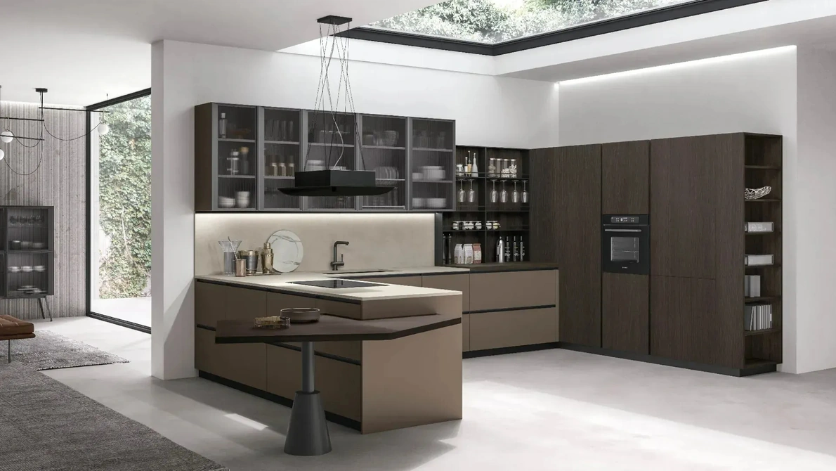 Cucina Moderna con penisola Metropolis 10 in Pet Caffè e Rovere Conero di Stosa