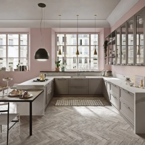 Cucina Moderna angolare con penisola in laccato opaco e HPL effetto marmo Vintage di Ar-Tre
