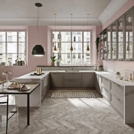 Cucina Moderna angolare con penisola in laccato opaco e HPL effetto marmo Vintage di Ar-Tre