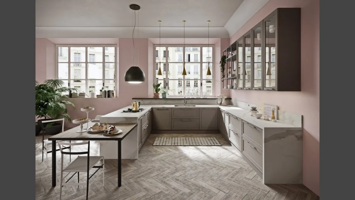 Cucina Moderna angolare con penisola in laccato opaco e HPL effetto marmo Vintage 01 di Ar-Tre