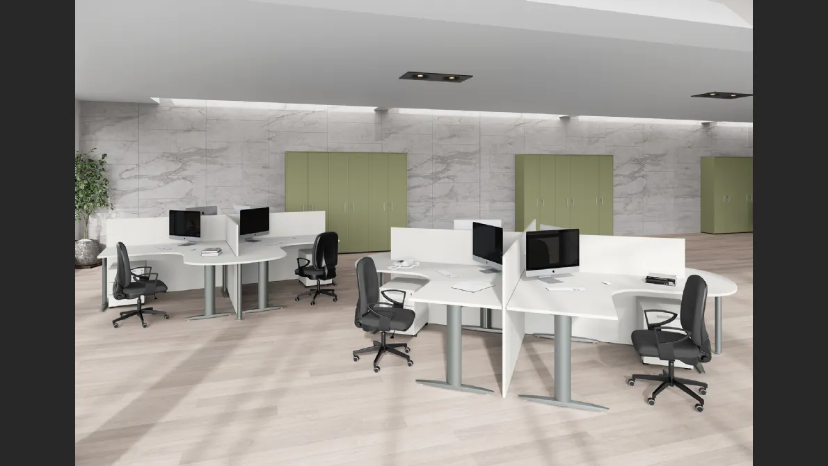 Scrivania Operativa sagomata con divisori Teko 09 in laccato opaco di Colombini Office
