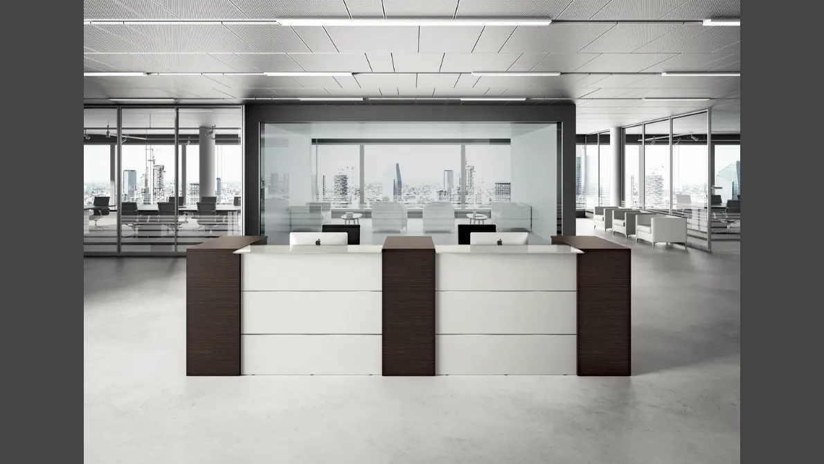 Bancone Reception GET 01 in laccato bianco opaco e melaminico effetto legno di Colombini Office